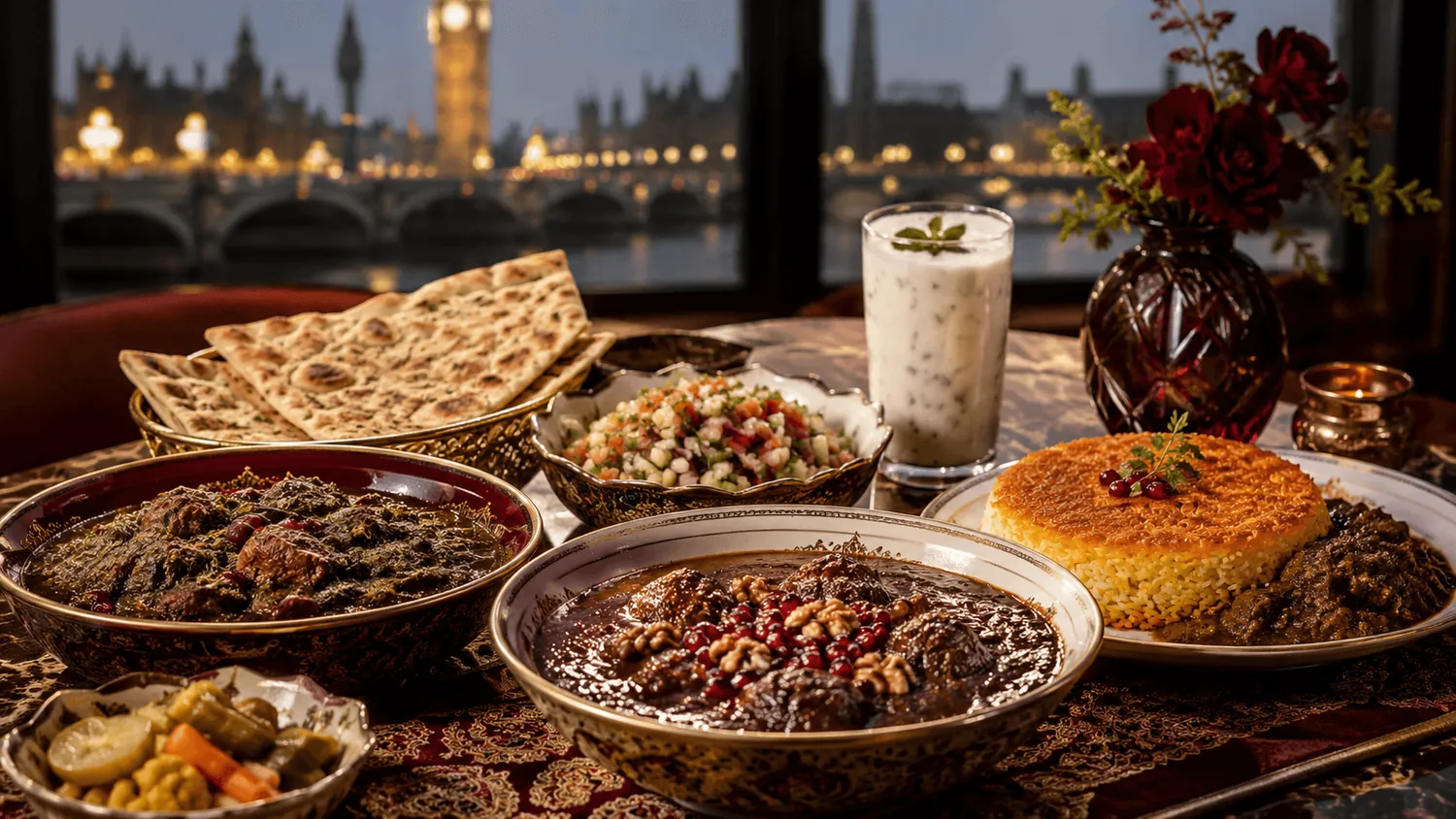 A Persian feast spread with London behind it
